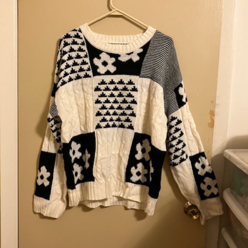 NWT White Sweater with Daisy, Triangle and Stripe Designs